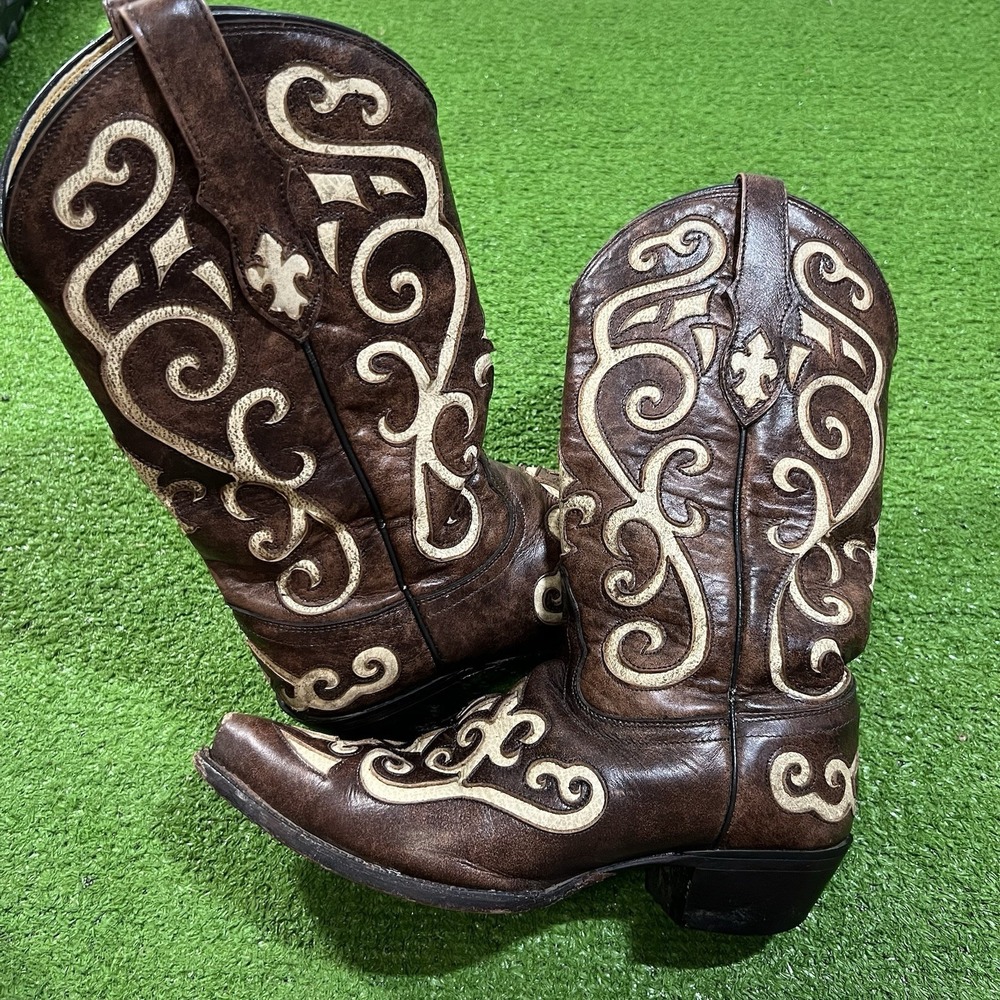 Y2K Tony Lama Leather Boots ‎ SZ 7 Western Cross Inlay Brown Sante Fe VF3024